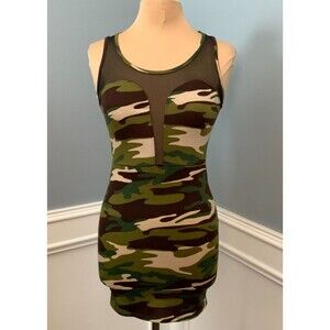 Urvana Dress Womens S Sleevless Sheer Camo Bodycon Stretch Plunge Tank Midi